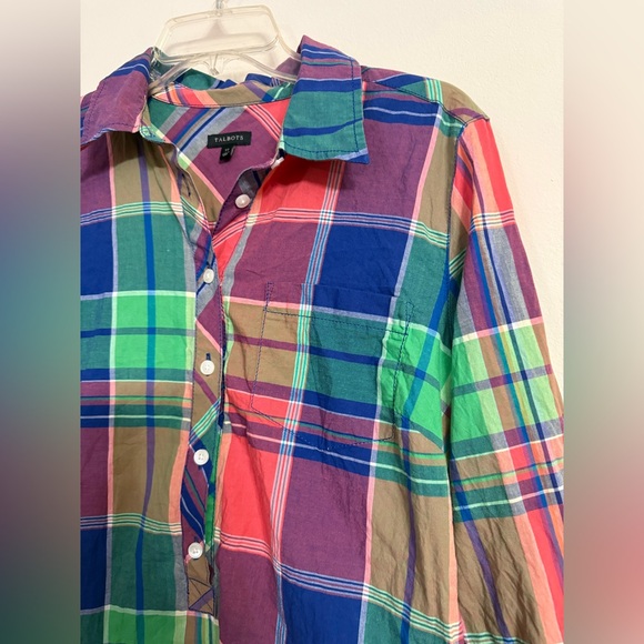 TALBOTS Madras Button Front Cotton Shirt Dress Multicolor Plaid Sz 14 - Picture 3 of 4